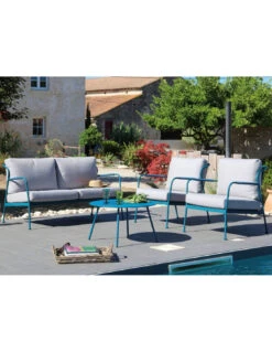 Salon De Jardin Noa 4 Places En Acier - Bleu/Beige Clair -Fournitures De Jardin salon de jardin noa 4 places en acier bleubeige clair 3