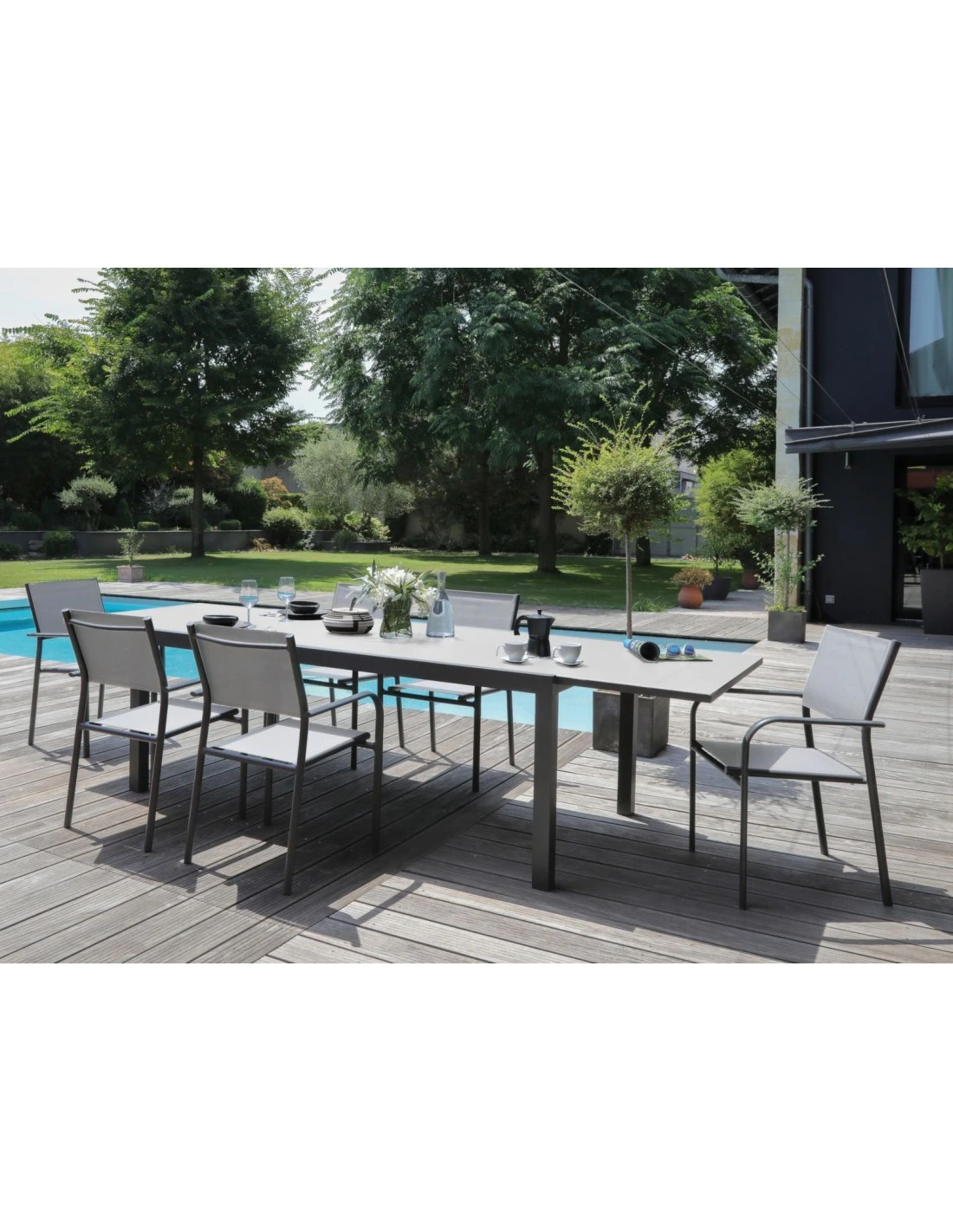 Table De Jardin Elise Extensible - 8 à 12 Places - Aluminium Et Verre - Graphite / Perle 2 Table De Jardin Elise Extensible - 8 à 12 Places - Aluminium Et Verre - Graphite / Perle – Image 2
